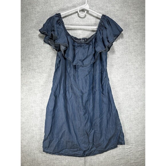 Chambray Ruffled Collar Off Shoulder Shift Dress Sleeveless No Tag Size Medium - Picture 1 of 5